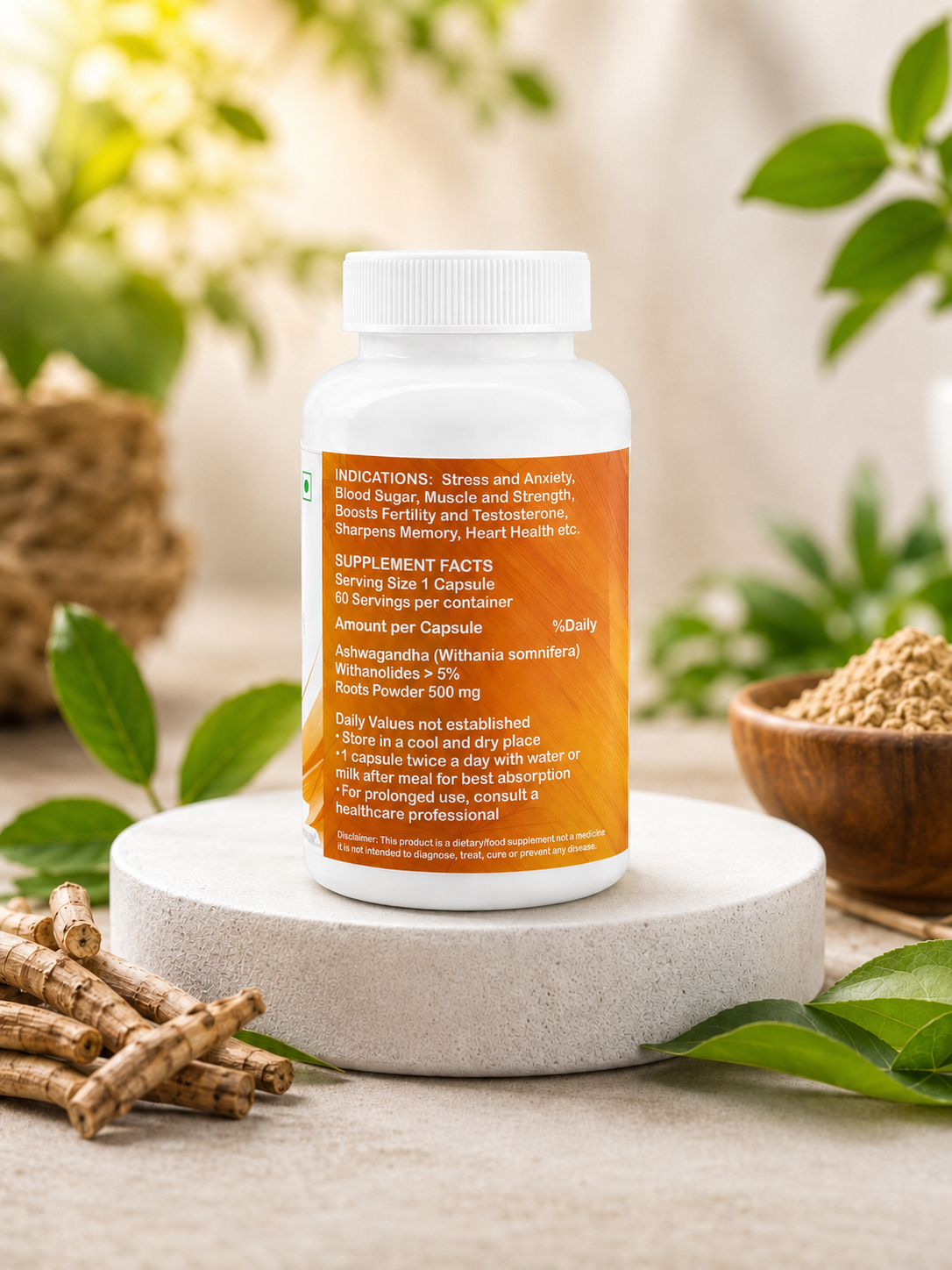 Earth Roots Ashwagandha Capsules 500mg | Stress Relief, Strength & Daily Wellness | 60 Capsules
