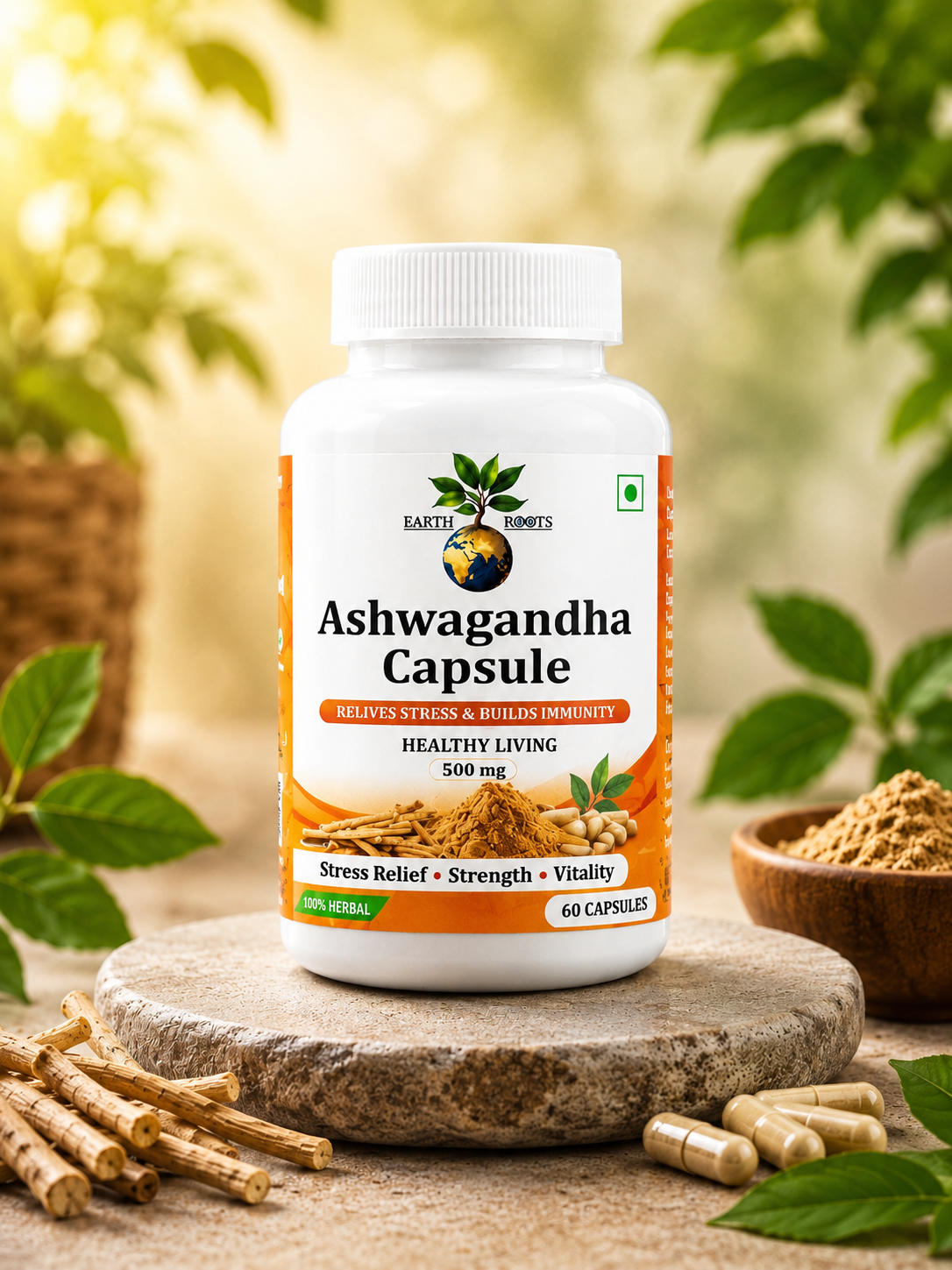 Earth Roots Ashwagandha Capsules 500mg | Stress Relief, Strength & Daily Wellness | 60 Capsules